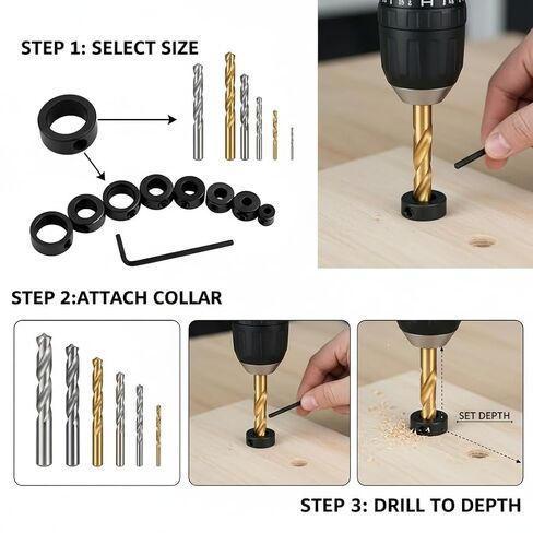 8pcs Drill Stop Ring Set, 3-16mm Carbon Steel Locking Rings with Wrench, Woodworking Screw Tightener Drill Bit Positioning Circles, Adjustable Drill Accessory in Kuwait