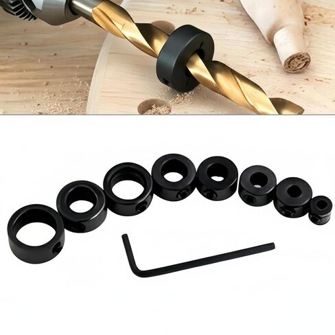 8pcs Drill Stop Ring Set, 3-16mm Carbon Steel Locking Rings with Wrench, Woodworking Screw Tightener Drill Bit Positioning Circles, Adjustable Drill Accessory in Kuwait