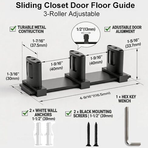 Adjustable Sliding Closet Door Floor Guide, 3-Roller Dual-Sided Design for Smooth Sliding, Fits Bypass and Barn Doors up to 1.57" Thick, Aluminum Alloy with Nylon Rollers in Kuwait