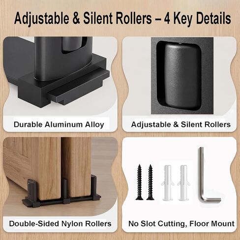 Adjustable Sliding Closet Door Floor Guide, 3-Roller Dual-Sided Design for Smooth Sliding, Fits Bypass and Barn Doors up to 1.57" Thick, Aluminum Alloy with Nylon Rollers in Kuwait