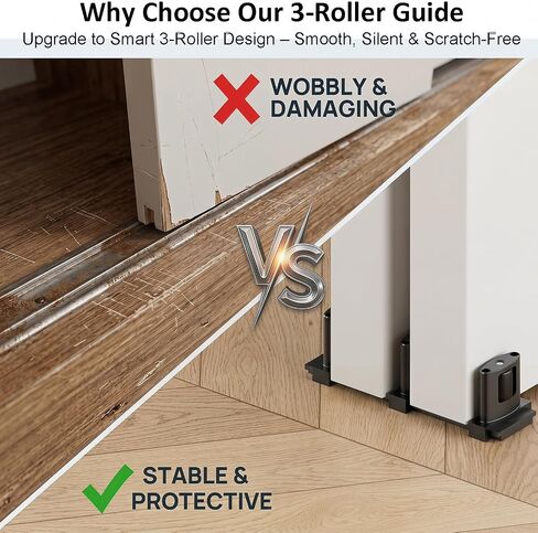 Adjustable Sliding Closet Door Floor Guide, 3-Roller Dual-Sided Design for Smooth Sliding, Fits Bypass and Barn Doors up to 1.57" Thick, Aluminum Alloy with Nylon Rollers in Kuwait