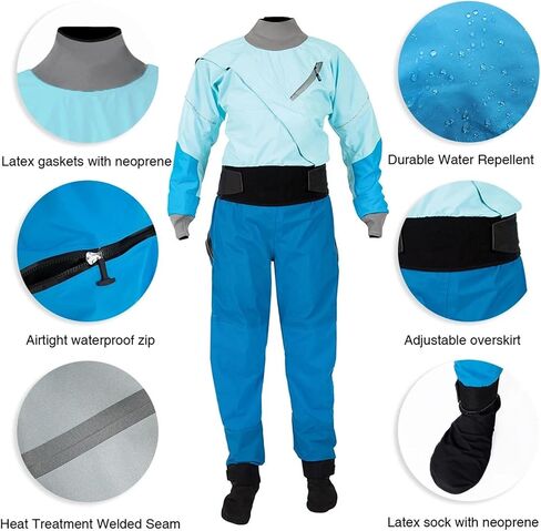 Women's Kayaking Drysuits 3 Layers Waterproof Material Fabric Surfing Rafting Diving One Pieces for Dinghy, Sailing, Kayaking(Blue,XL) in Kuwait