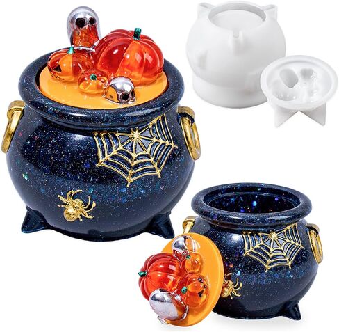 Halloween Jar Resin Molds Witch Cauldron Silicone Molds with Pumpkin Ghost Skull Lid Cauldron Jar Silicone Epoxy Resin Casting Mold DIY Halloween Decor Jewelry Storage Box Candy Container Candle Jars in Saudi Arabia
