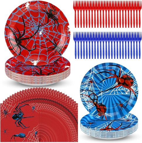 Umigy 96 Pcs Spider Birthday Party Supplies Set for 24 Guests Red Blue Spider Web Disposable Dinner Tableware Decorations Paper Plates Napkins Forks Set Halloween Birthday Party Favors in Kuwait