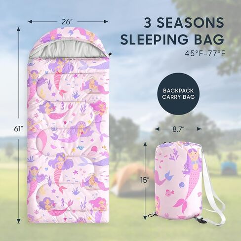 Wake In Cloud - Mermaid Kids Sleeping Bag for Girls Toddlers, Camping in Warm Cold Weather, Backpacking Lightweight Compact Outdoor Liner for 3 Seasons Summer Spring Fall in Saudi Arabia