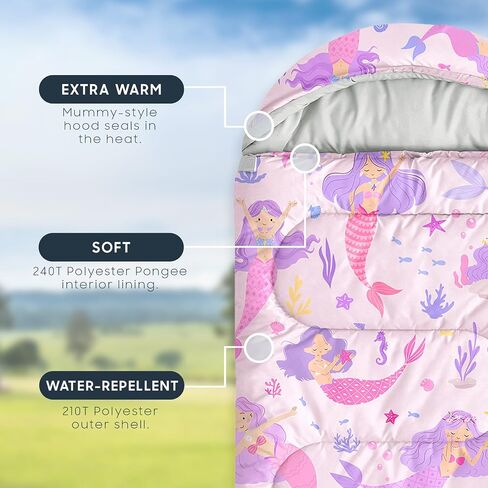 Wake In Cloud - Mermaid Kids Sleeping Bag for Girls Toddlers, Camping in Warm Cold Weather, Backpacking Lightweight Compact Outdoor Liner for 3 Seasons Summer Spring Fall in Saudi Arabia