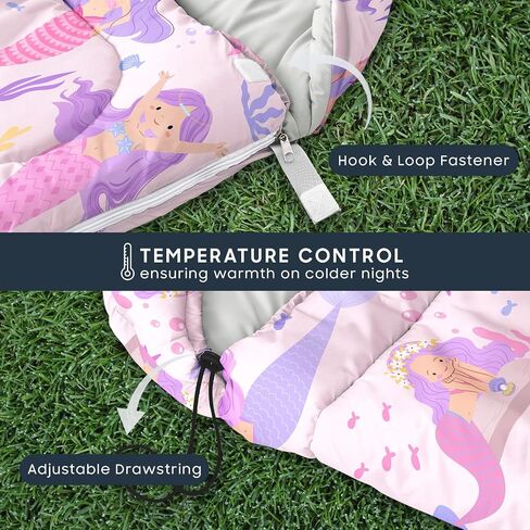 Wake In Cloud - Mermaid Kids Sleeping Bag for Girls Toddlers, Camping in Warm Cold Weather, Backpacking Lightweight Compact Outdoor Liner for 3 Seasons Summer Spring Fall in Saudi Arabia