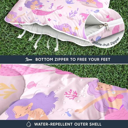Wake In Cloud - Mermaid Kids Sleeping Bag for Girls Toddlers, Camping in Warm Cold Weather, Backpacking Lightweight Compact Outdoor Liner for 3 Seasons Summer Spring Fall in Saudi Arabia