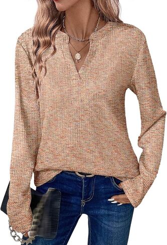 Womens Sweaters Waffle Knit V Neck Long Sleeve Sweatshirt Fall Color Block Casual Blouses Lightweight Pullover Tops in Kuwait