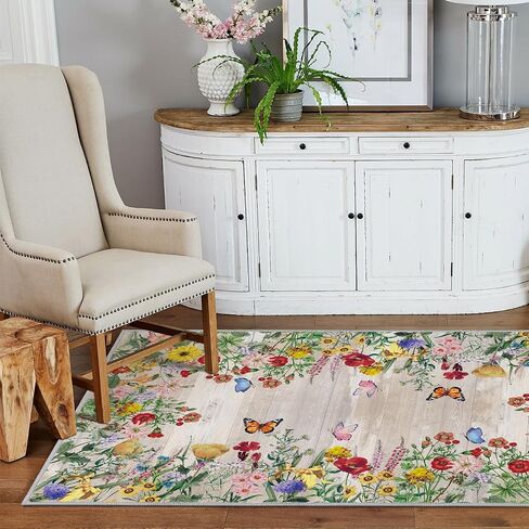 Artoid Mode Wood Flowers Butterfly Spring Area Rug, Summer Home Decor Low-Profile Washable Door Mat for Entryway Bedroom Living Room Laundry Room Indoor 2x3 Feet in Saudi Arabia