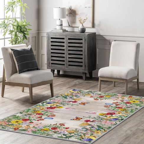 Artoid Mode Wood Flowers Butterfly Spring Area Rug, Summer Home Decor Low-Profile Washable Door Mat for Entryway Bedroom Living Room Laundry Room Indoor 2x3 Feet in Saudi Arabia