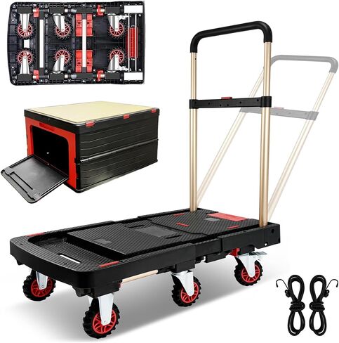 Collapsible Platform Truck w/Foldable Basket & Brake Wheel, Retractable Platform & Handle Heavy Duty 600lbs Capacity, Sponge Grip,Convertible Folding Dolly Cart for Luggage,Travel,Delivery & Storage in Kuwait