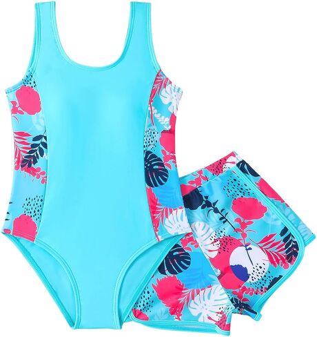 ODASDO Girls Swimsuit, One Piece Bathing Suit with Tropical Print Shorts | Two Pieces Set, Summer Modest Swimwear for Teens, Kids Tankini for Beach Holiday Pool Party Surfing in Kuwait