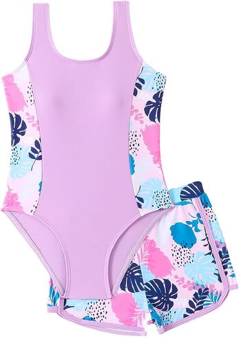 ODASDO Girls Swimsuit, One Piece Bathing Suit with Tropical Print Shorts | Two Pieces Set, Summer Modest Swimwear for Teens, Kids Tankini for Beach Holiday Pool Party Surfing in Kuwait