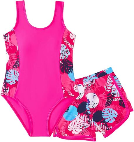 ODASDO Girls Swimsuit, One Piece Bathing Suit with Tropical Print Shorts | Two Pieces Set, Summer Modest Swimwear for Teens, Kids Tankini for Beach Holiday Pool Party Surfing in Kuwait