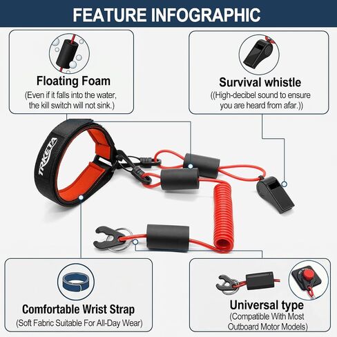 Floatable Boat Kill Switch Lanyard with Wristband & Whistle, Marine Engine Safety Stop Tether Coiled Cord, Compatible with Yamaha WaveRunner PWC, Red 1 Pack in Saudi Arabia