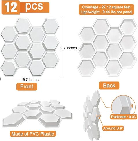 TroyStudio Hexagon Acoustic Sound Diffuser Panels, 19.7 X 19.7 X 0.9 inches 12 Pcs White PVC Plastic 3D Wall Panel, Recording Studio Acoustical Treatment Diffusion panel, Art Decorative Ceiling Tiles in Saudi Arabia