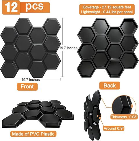 TroyStudio Hexagon Acoustic Sound Diffuser Panels, 19.7 X 19.7 X 0.9 inches 12 Pcs Black PVC Plastic 3D Wall Panel, Recording Studio Acoustical Treatment Diffusion panel, Art Decorative Ceiling Tiles in Saudi Arabia