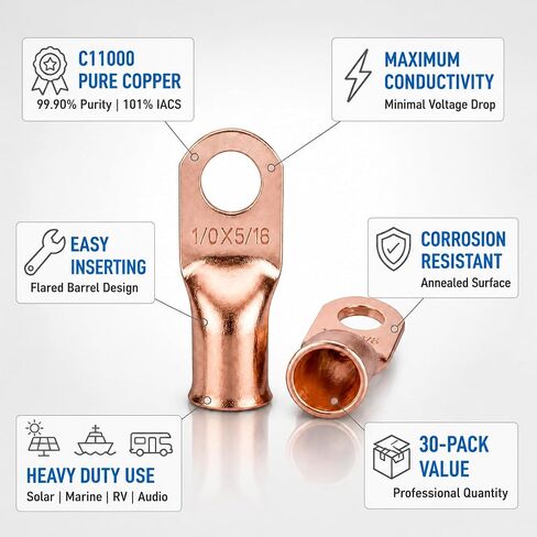 1/0 AWG نحاس العروة 5/16 بوصة، طرف حلقي، أطراف كابل أرضي للبطارية، عروات نحاسية نقية لصوت السيارة، أسلاك السيارات، 30 حزمة in Kuwait