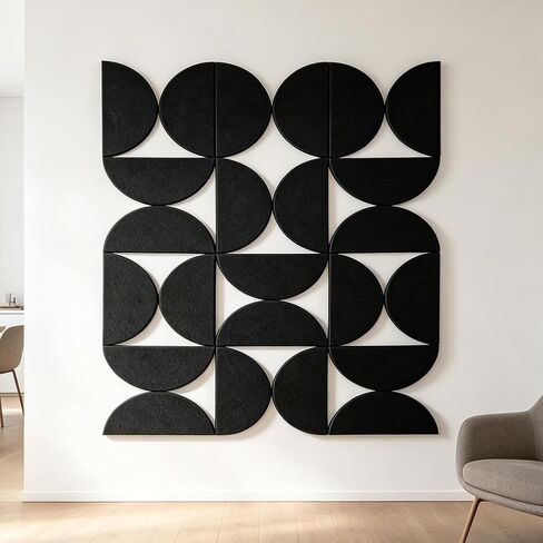 6-Piece Self-Adhesive Felt Wall Tiles, Semi-Circle Acoustic Panels for Home Office Decor, Modern Wall Art, Black in Kuwait