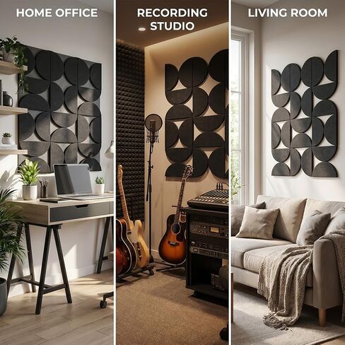6-Piece Self-Adhesive Felt Wall Tiles, Semi-Circle Acoustic Panels for Home Office Decor, Modern Wall Art, Black in Kuwait