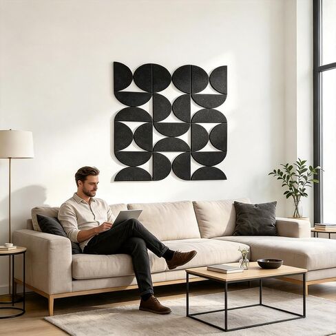 6-Piece Self-Adhesive Felt Wall Tiles, Semi-Circle Acoustic Panels for Home Office Decor, Modern Wall Art, Black in Kuwait