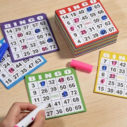 Bingo Paper Game Cards - 500 Sheets - 100 Books of 5 Colors -4 Inch Square Size for Bingo Games or Family Game Nights,Come with 2Pcs Dot Markers in Kuwait