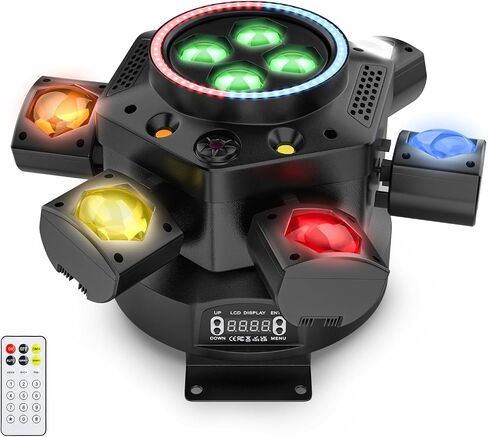مصابيح DJ ذات رأس متحرك، أضواء مسرح LED RGBW 6-Arm بقدرة 150 وات، ستروب كهرماني أبيض وتأثيرات النجوم الحمراء والخضراء، تنشيط الصوت، دوران 540 درجة، DMX512 أضواء حفلات التحكم عن بعد لحفل زفاف نادي البار in Kuwait