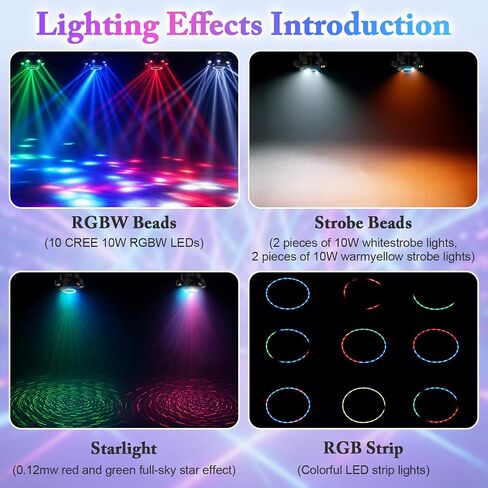 مصابيح DJ ذات رأس متحرك، أضواء مسرح LED RGBW 6-Arm بقدرة 150 وات، ستروب كهرماني أبيض وتأثيرات النجوم الحمراء والخضراء، تنشيط الصوت، دوران 540 درجة، DMX512 أضواء حفلات التحكم عن بعد لحفل زفاف نادي البار in Kuwait
