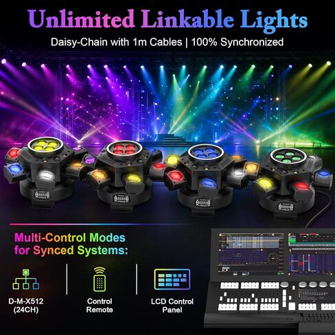 مصابيح DJ ذات رأس متحرك، أضواء مسرح LED RGBW 6-Arm بقدرة 150 وات، ستروب كهرماني أبيض وتأثيرات النجوم الحمراء والخضراء، تنشيط الصوت، دوران 540 درجة، DMX512 أضواء حفلات التحكم عن بعد لحفل زفاف نادي البار in Kuwait