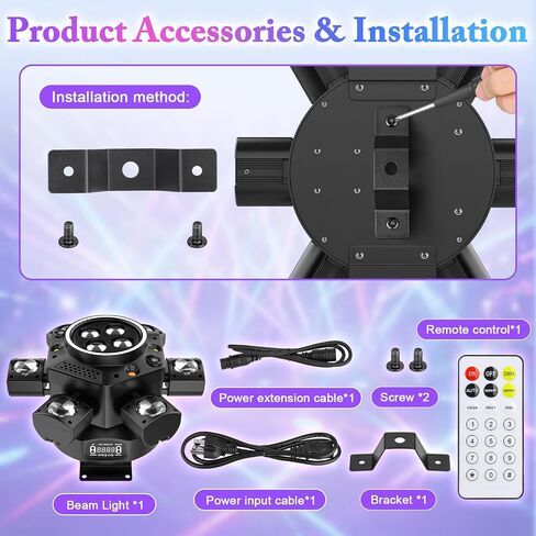 مصابيح DJ ذات رأس متحرك، أضواء مسرح LED RGBW 6-Arm بقدرة 150 وات، ستروب كهرماني أبيض وتأثيرات النجوم الحمراء والخضراء، تنشيط الصوت، دوران 540 درجة، DMX512 أضواء حفلات التحكم عن بعد لحفل زفاف نادي البار in Kuwait