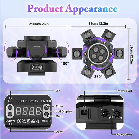 مصابيح DJ ذات رأس متحرك، أضواء مسرح LED RGBW 6-Arm بقدرة 150 وات، ستروب كهرماني أبيض وتأثيرات النجوم الحمراء والخضراء، تنشيط الصوت، دوران 540 درجة، DMX512 أضواء حفلات التحكم عن بعد لحفل زفاف نادي البار in Kuwait