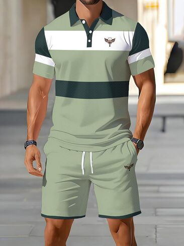 Men's Striped Polo Shirt & Shorts 2-Piece Set, Casual Short Sleeve Summer Outfit with Embroidered Logo in Kuwait