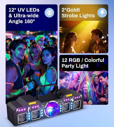أضواء DJ للحفلات، عرض ضوء ليزر Pro 8 في 1 DMX512 مع ضوء كرة ديسكو، RGB وستروب ذهبي، أضواء LED سوداء تعمل بالأشعة فوق البنفسجية - إضاءة LED نشطة بالصوت للمنزل والكاريوكي والنوادي والعربات وإضاءة DJ in Kuwait