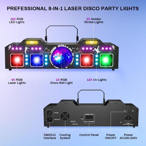 أضواء DJ للحفلات، عرض ضوء ليزر Pro 8 في 1 DMX512 مع ضوء كرة ديسكو، RGB وستروب ذهبي، أضواء LED سوداء تعمل بالأشعة فوق البنفسجية - إضاءة LED نشطة بالصوت للمنزل والكاريوكي والنوادي والعربات وإضاءة DJ in Kuwait