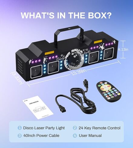أضواء DJ للحفلات، عرض ضوء ليزر Pro 8 في 1 DMX512 مع ضوء كرة ديسكو، RGB وستروب ذهبي، أضواء LED سوداء تعمل بالأشعة فوق البنفسجية - إضاءة LED نشطة بالصوت للمنزل والكاريوكي والنوادي والعربات وإضاءة DJ in Kuwait