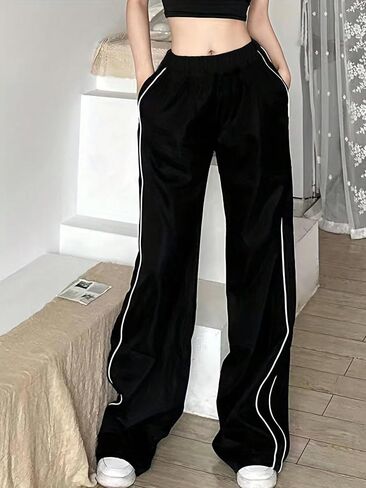 Girls Track Pants, Elastic Waist Wide Leg Jogger Pants with Contrast Side Stripes for Teens in Kuwait