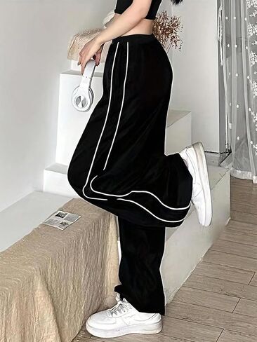 Girls Track Pants, Elastic Waist Wide Leg Jogger Pants with Contrast Side Stripes for Teens in Kuwait