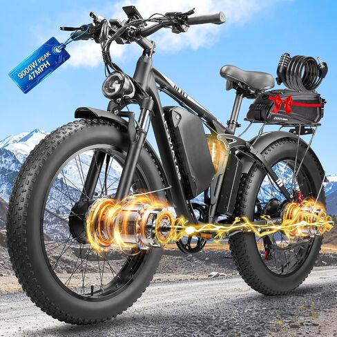 9000W-Peak-Dual-Motor-Ebike for Adults with 58V Max-Output 34Ah Battery, 42-46MPH Full Suspension Electric Bike, 24"*4.0" Men Adult Fat Tire Mountain Snow Sand AWD Electric Bicycle Commuter in Kuwait