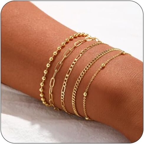Gold/Silver Bracelets for Women Stackable Beaded Figaro Cuban Link Bracelet Set Dainty Waterproof Jewelry for Women Trendy Cute Layered bracelets in Kuwait