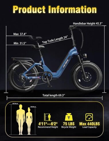 Heybike Ranger 3.0 Pro Fat Tire Electric Bike, 90Miles Long Range,720WH Removable Battery, 1200W Peak Motor 28MPH,20"*4 Foldable Step-Thru Ebike in Kuwait
