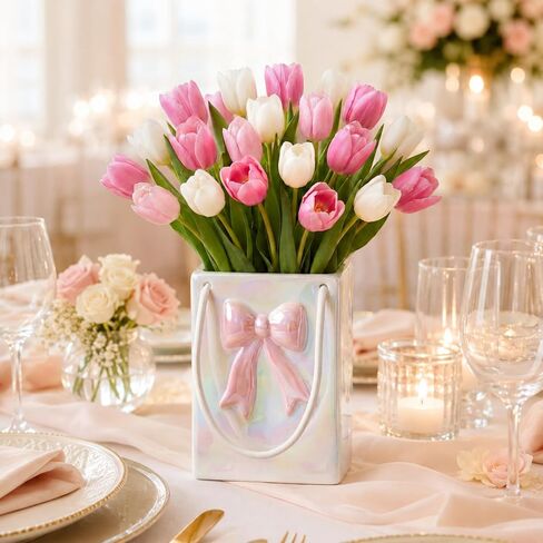 Ninehaoou Pink Bow Handbag Flower Vase 7.16 Inch Ceramic Purse Vase Hanging Coquette Decor Valentine Centerpiece for Table Shelf Living Room Women Girl Gifts in Saudi Arabia