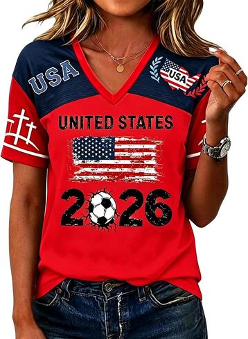 كأس كرة القدم 2026 قميص المرأة الولايات المتحدة الأمريكية لكرة القدم جيرسي لعبة يوم تي شيرت مضحك مباراة كرة القدم الرسم الخامس الرقبة قصيرة الأكمام بلايز in Saudi Arabia