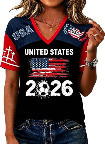 كأس كرة القدم 2026 قميص المرأة الولايات المتحدة الأمريكية لكرة القدم جيرسي لعبة يوم تي شيرت مضحك مباراة كرة القدم الرسم الخامس الرقبة قصيرة الأكمام بلايز in Saudi Arabia