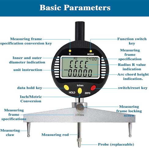Arc Face Radius Measurement,Digital Radius Gauge,Electronic Inside and Outside Radius Indicator,5-700mm Radius Range,with 5 Changeable Measuring Jaw in Kuwait