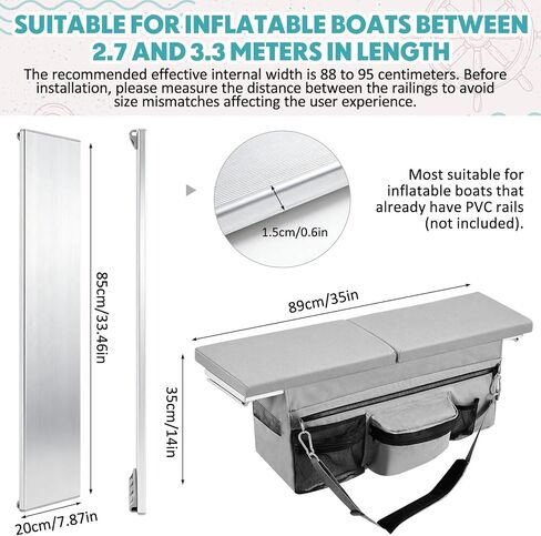 Dansydaisy 2 Pack 35 x 14 Inch Dinghy Boat Seat Cushion and Underseat Storage Bag with Pockets and 33.46 x 7.87 Inch Aluminum Bench Seat, Grey Thick Sponge Bench Cushion, PVC Rails Not Included in Saudi Arabia