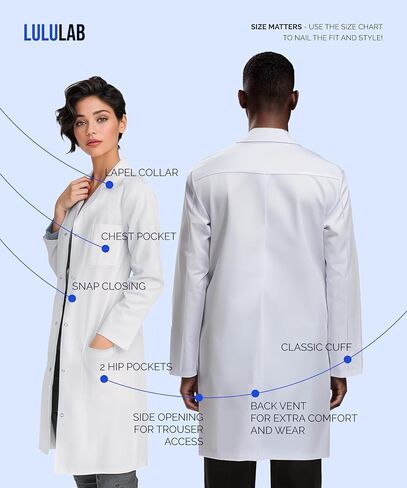 LuluLab Medical Lab Coat for Men and Women, 40 Inch Relaxed Fit, 3 Pockets, Doctor Nurse Scientist Coat Technician Pharmacist in Kuwait