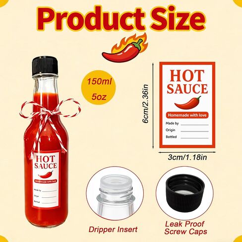 15 Set 5 oz Hot Sauce Bottles Gift Set, Clear Glass Woozy Bottles with Leak Proof Screw Caps and Labels, Reusable for Homemade Hot Sauce, Oils, DIY Crafts in Kuwait