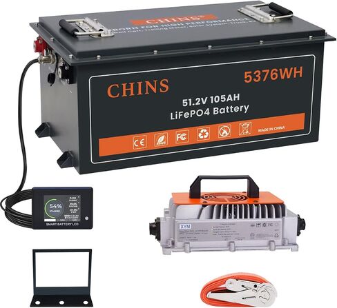 CHINS 48V Lithium Golf Cart Battery, 48 Volt 100Ah LiFePO4 Battery, Built-in Bluetooth 200A BMS, Includes 48V 18A Charger, Monitor, Perfect for Golf Carts in Kuwait