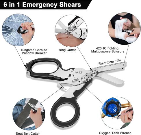 6 In 1 Multi-function Trauma Shears With Holster, Stainless Steel Foldable Emergency Response Shears, Outdoor Camping Medical Scissors Tools, Sheath With EMT Trauma Scissors (Black) in Kuwait